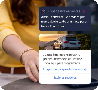 Person touching a phone with a booking link message and a car demo drive scheduling prompt.