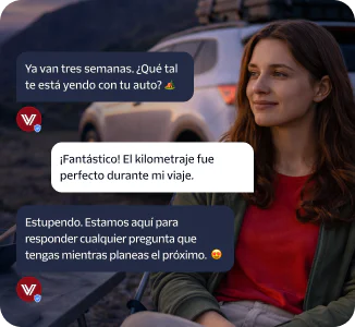 Woman sitting near car with customer service text messages about car's performance.