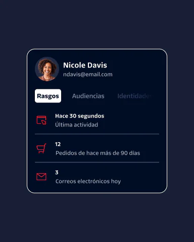 Profile card displaying a user's name, email, and recent activity on a dark background.
