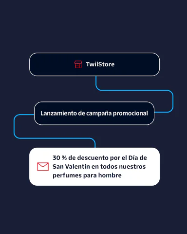 Flowchart showing TwilStore's promotional campaign offering 30% off on men's perfumes for Valentine's Day.