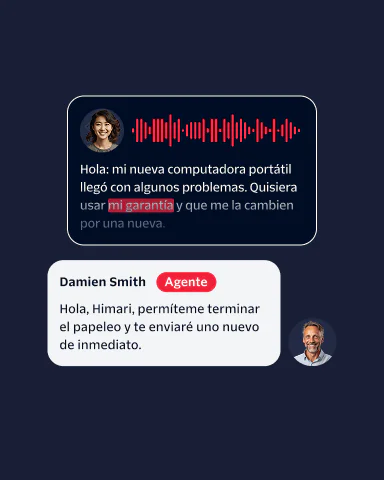 Chat interface where a customer reports a laptop issue and a support agent processes a warranty replacement.