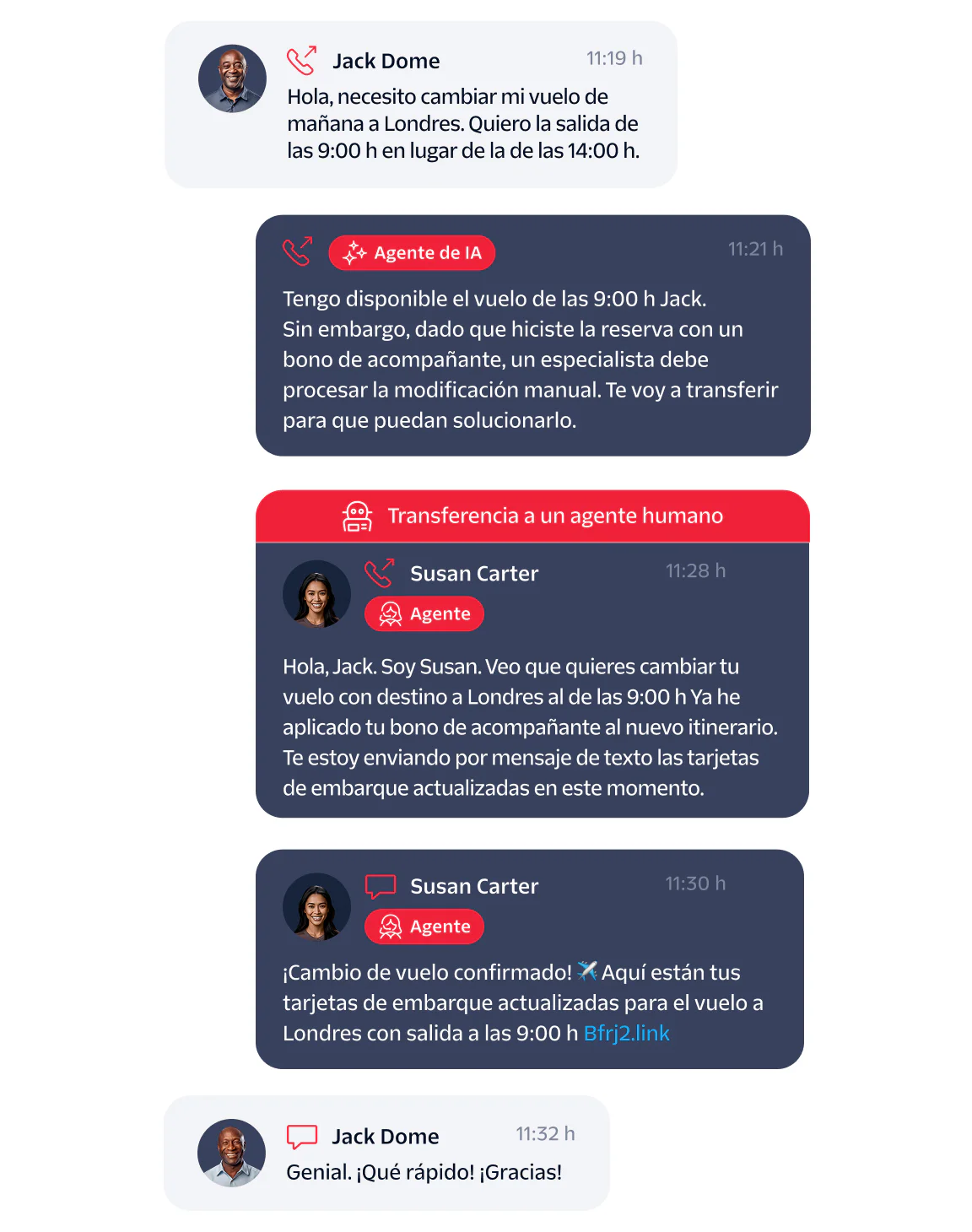 Chat conversation between Jack and Susan about changing a flight time using a companion voucher.