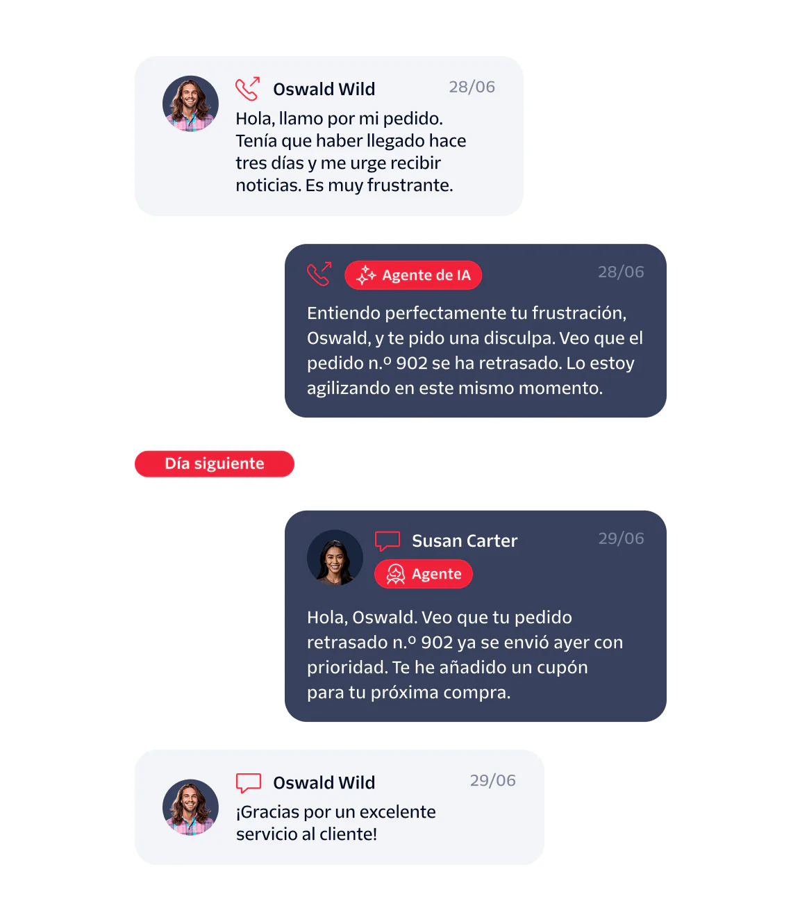 A customer chat conversation with AI and human agents resolving a delayed order.