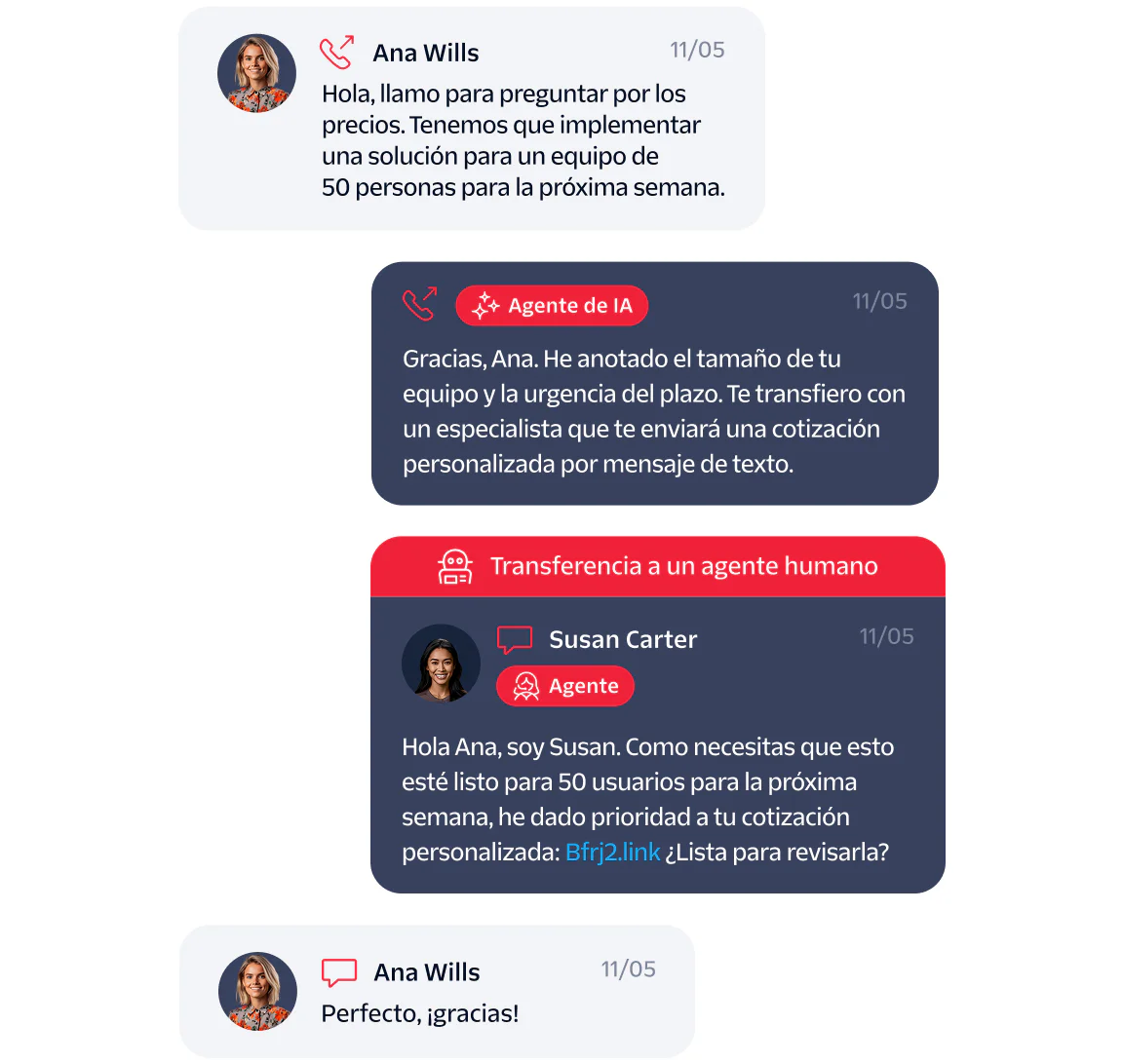 Chat between a customer, AI agent, and human agent discussing a solution for a 50-person team.