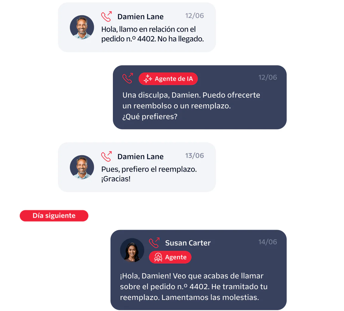 A chat between Damien Lane and AI/real agents about a missing order and replacement request.