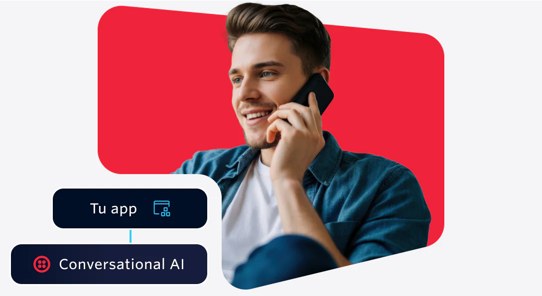 Man Talking on Phone Next to Conversational AI App Diagram Smiling man speaking on phone with app and conversational AI diagram overlay on red background.
