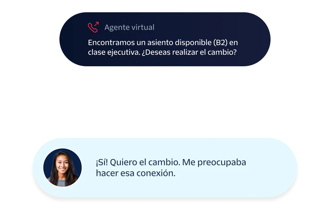 A virtual agent conversation offering a business class upgrade with a passenger accepting the offer.