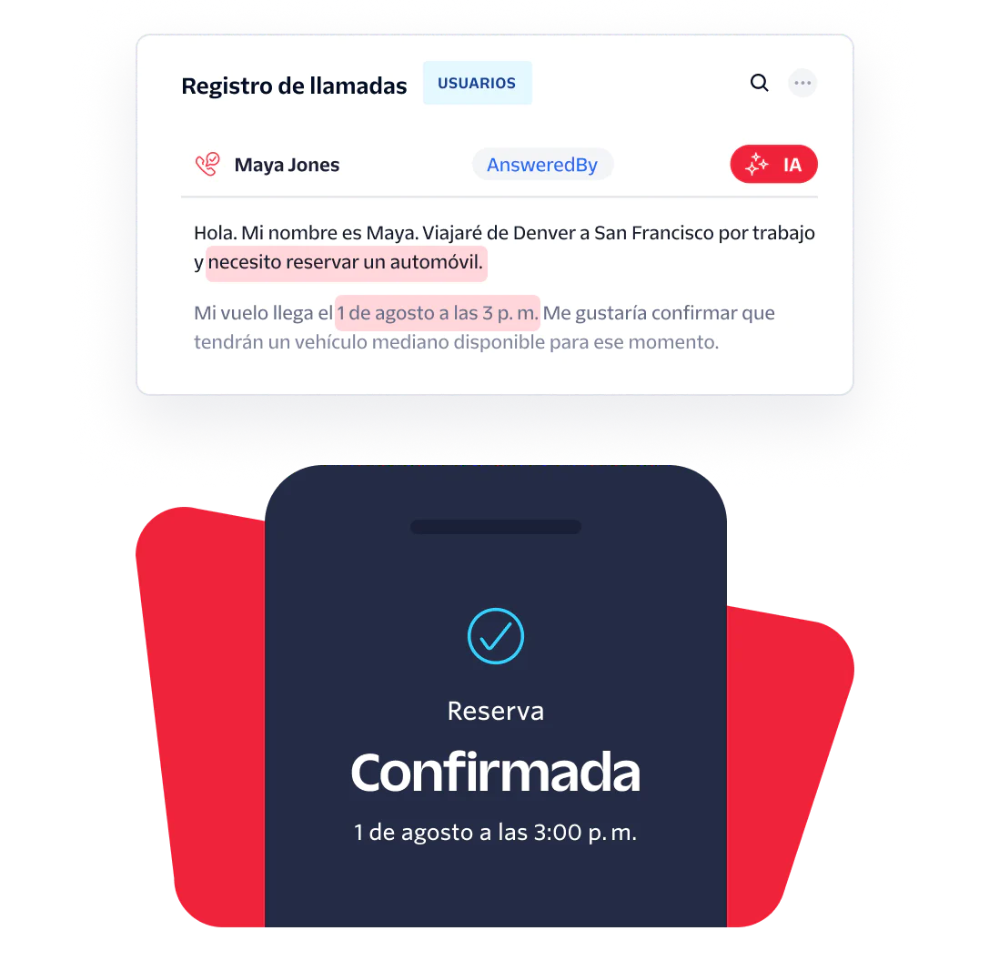 Interface showing a customer request to reserve a car and a confirmed reservation notification.
