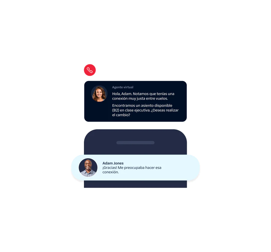 Virtual agent offers business class upgrade to concerned passenger Adam Jones in a chat interface.