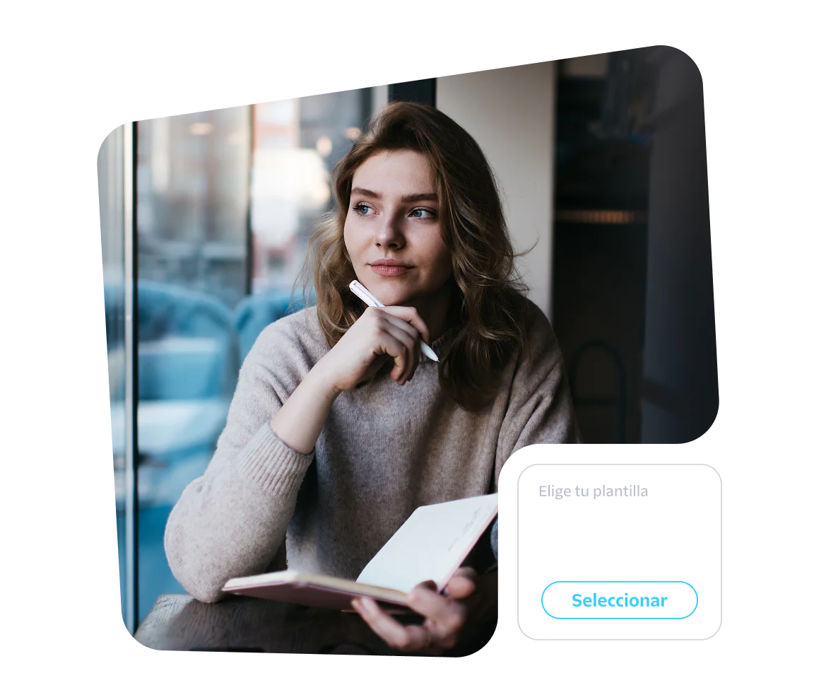 Woman sitting by a window holding a notebook and pen, thinking, with a travel newsletter template selection prompt.