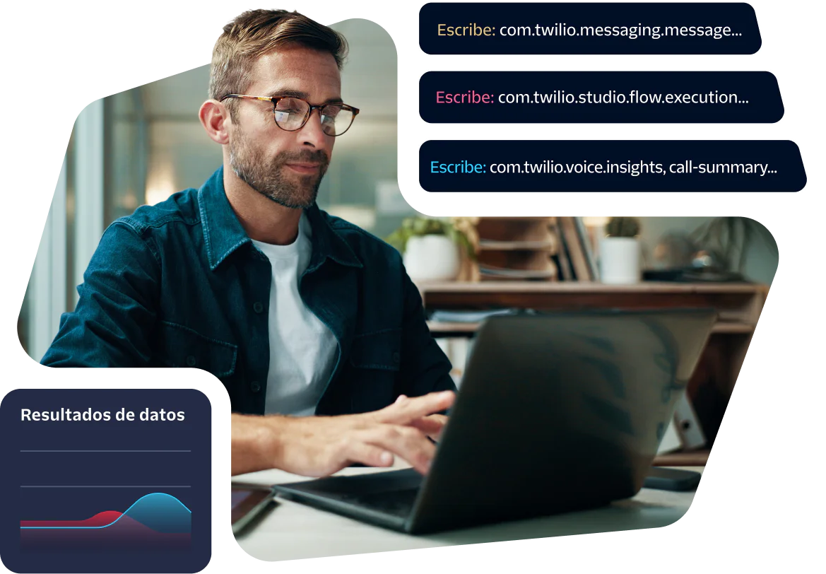 Man with glasses working on a laptop displaying Twilio API data results charts.