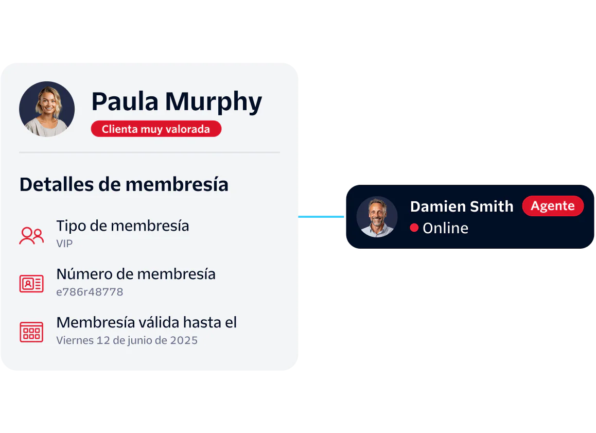 Customer profile with membership details and connection to a support agent.