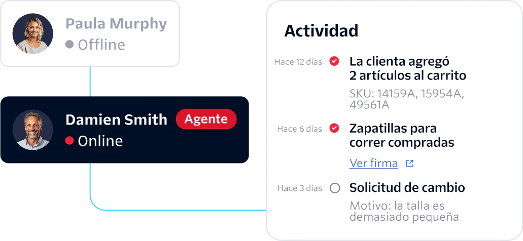 Dashboard showing two agent statuses and customer activity log with details of recent actions.