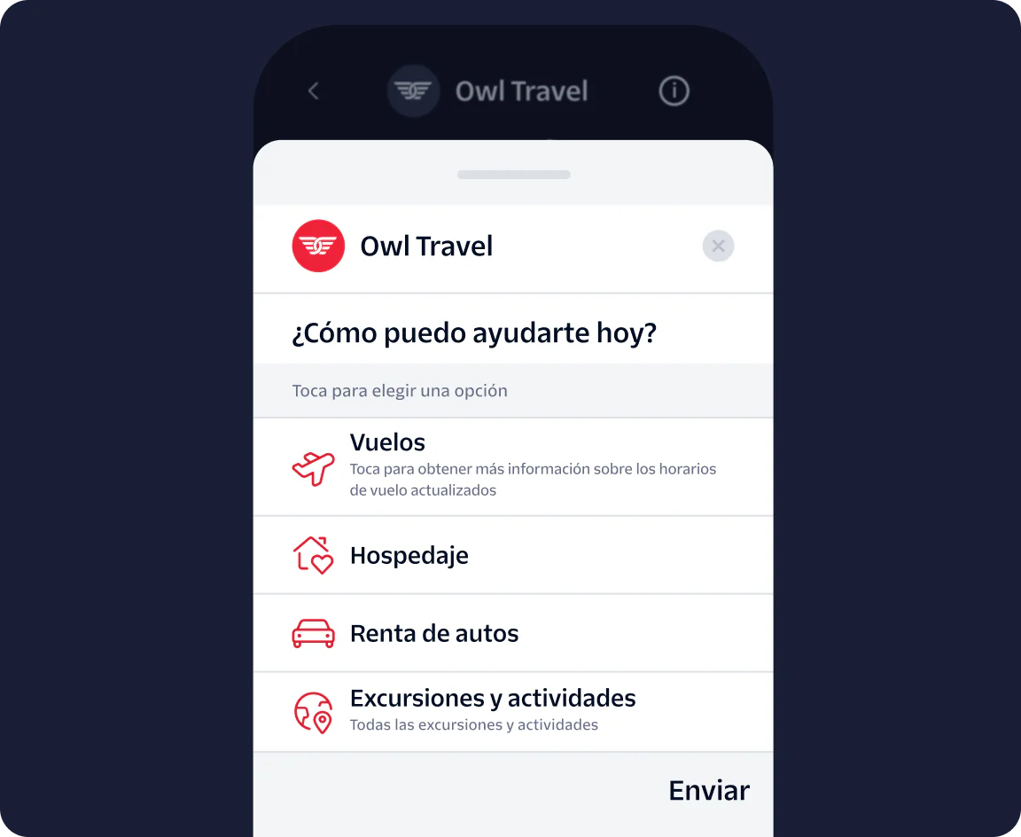 Owl Travel app screen with options for flights, accommodations, car rentals, and tours.