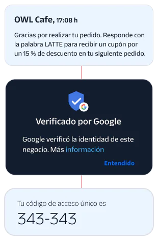 Order Confirmation and Verification Notifications Notifications showing order confirmation from OWL Cafe and Google business verification.