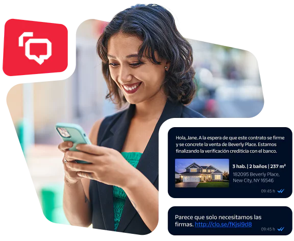 Woman smiling and texting with message about house contract being finalized and a link for signatures