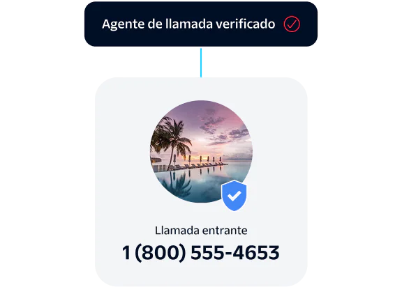 Verified incoming call from 1(800)555-4653 with a background image of palm trees and a swimming pool.
