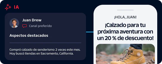 AI dashboard shows Juan Drew's shoe purchase highlights, and phone screen offers 20% off on hiking shoes.
