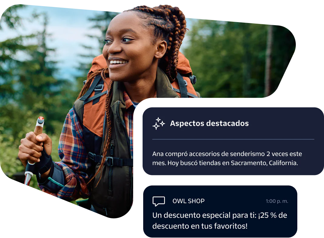 Woman with braided hair hiking and promotional messages about hiking accessories and special discount