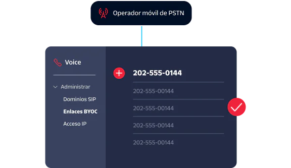 Chart showing a PSTN carrier connected to voice management options like SIP domains and BYOC trunks.