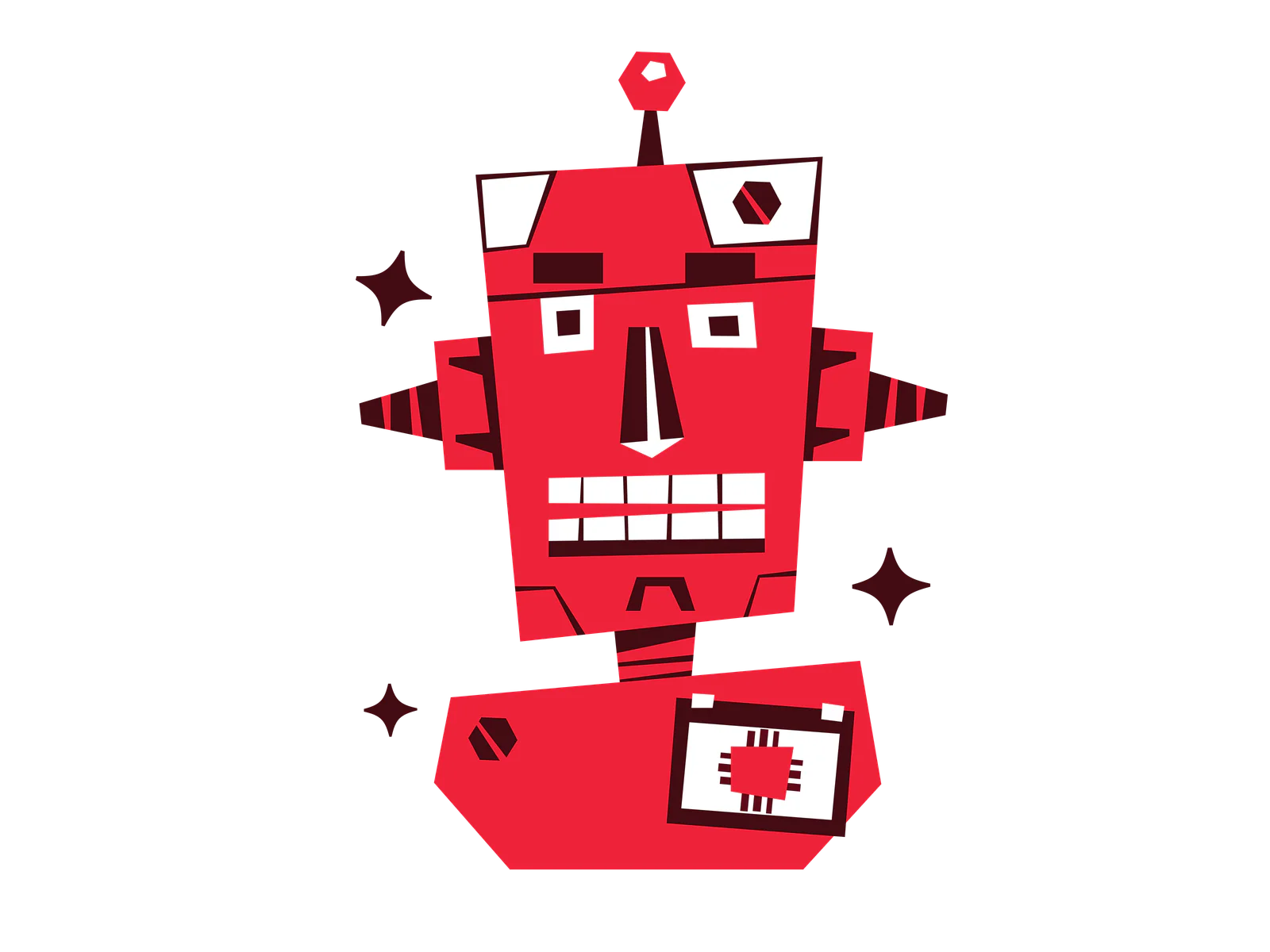 Red robot with geometric design, wearing a Hello My Name Is AI name tag.