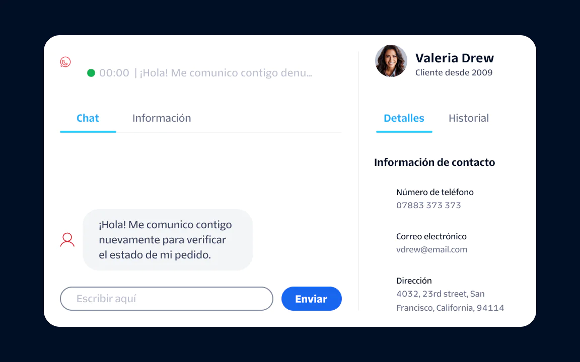 Customer Service Chat Interface with Contact Information A chat window showing a customer's message, contact details, and an info tab with Valeria Drew's profile.
