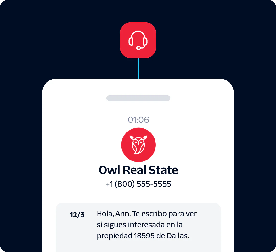 Text message from Owl Real State following up on interest in Dallas property, shown on a smartphone screen.
