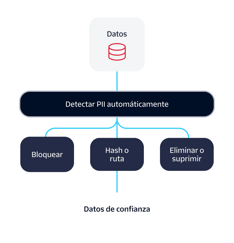 Diagram showing a data flow with auto PII detection leading to block, hash or route, and delete or suppress actions