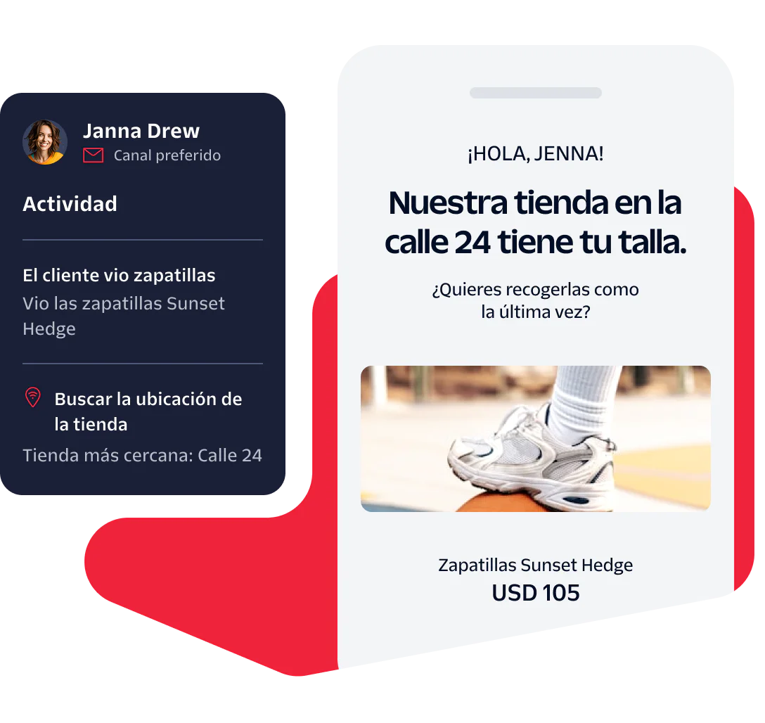 Mobile notification showing customer activity details and recommending shoes based on location and preferences.
