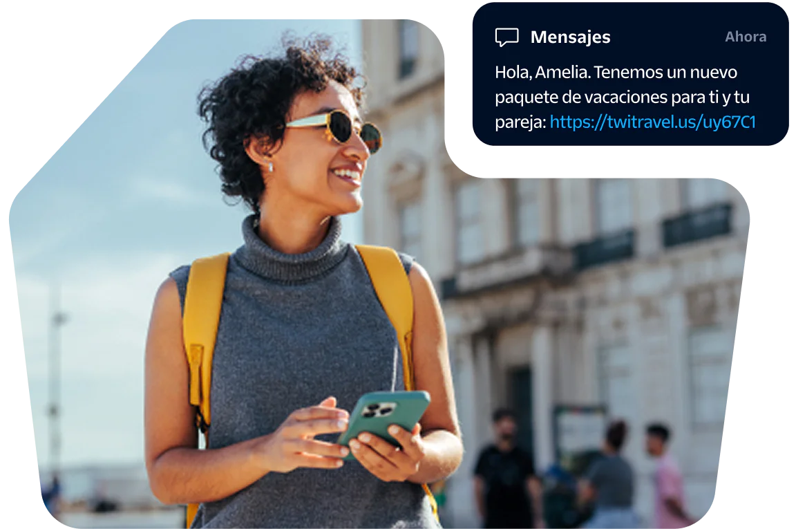 Woman with curly hair wearing sunglasses and a backpack, holding a phone, with a vacation offer text on screen.