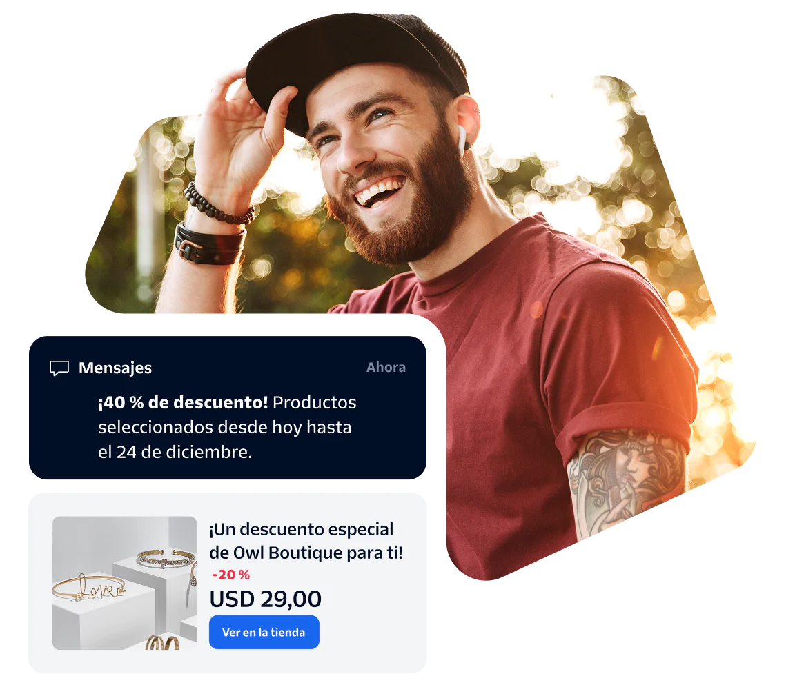 Smiling man wearing a red shirt with promotional messages about a 40% off sale and a special discount from Owl Boutique.