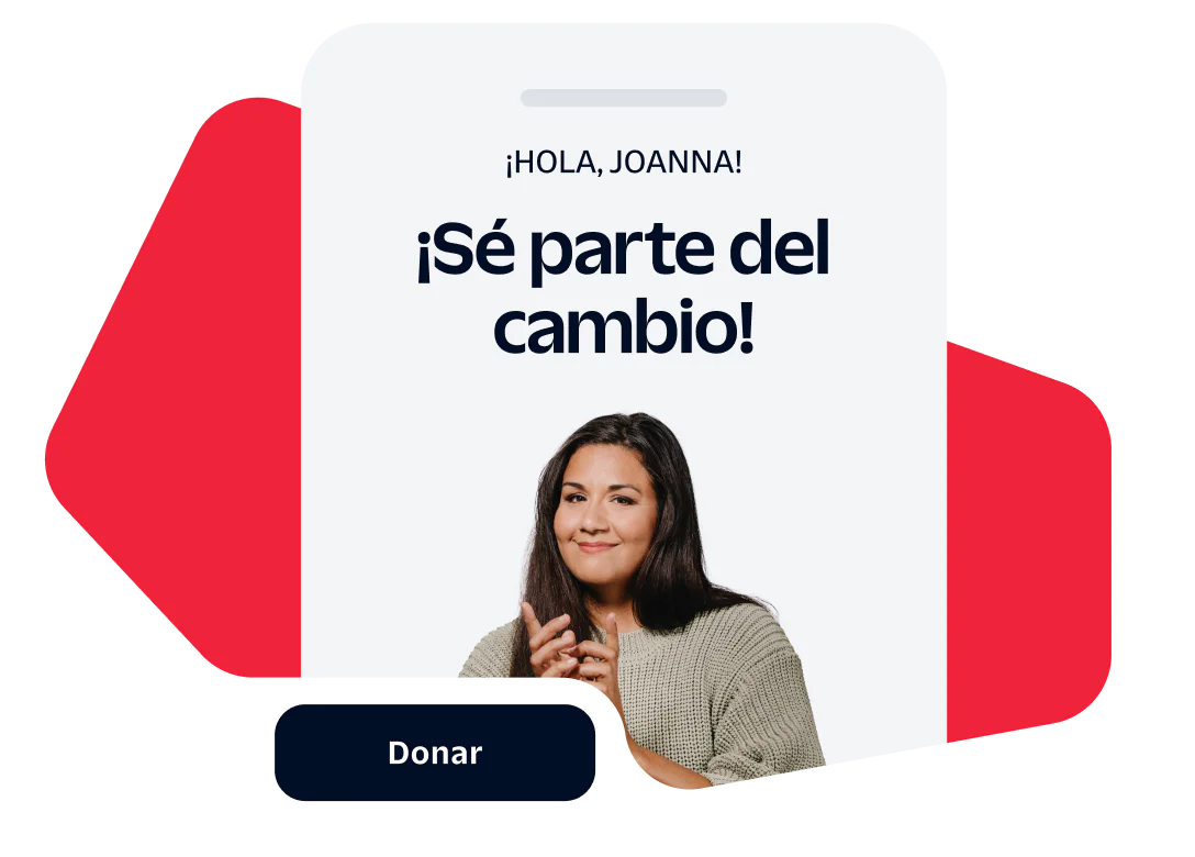 Woman in front of Be a part of the change! message with a donate button below.