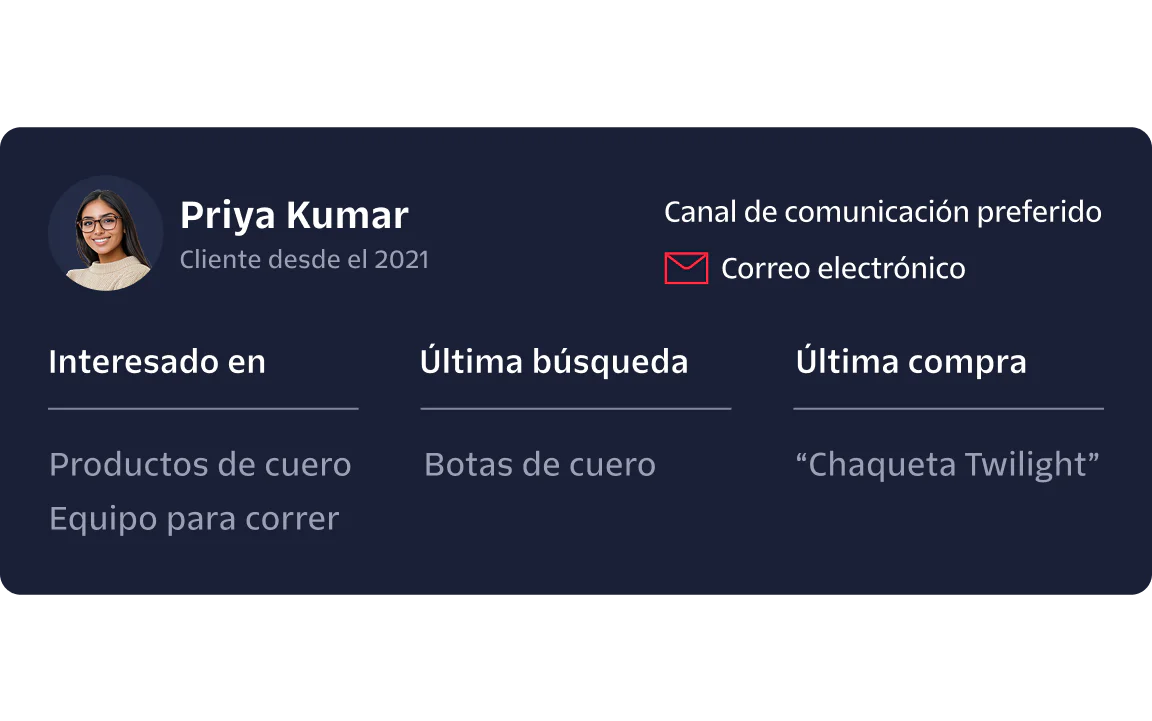 Profile summary of Priya Kumar showing interests, last search, last purchase, and preferred communication.