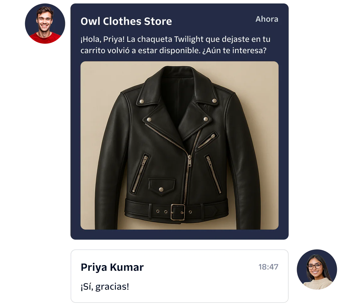Women interacting at store counter with shopping bags and chat bubble about restocked item with link.