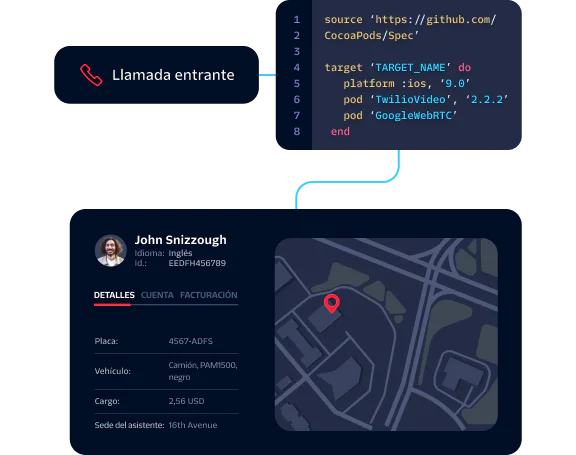 Interface showing an incoming call detail and user's profile with language, ID, vehicle, and location.