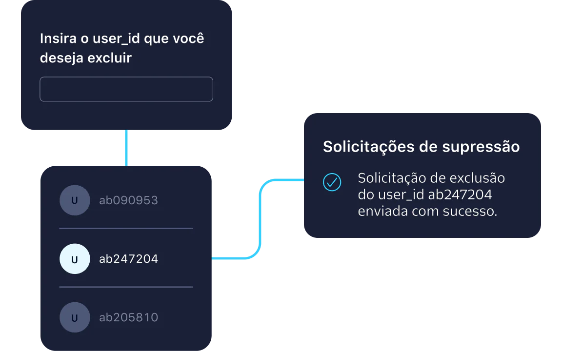 Interface showing steps to delete a user with a successful suppression request message.