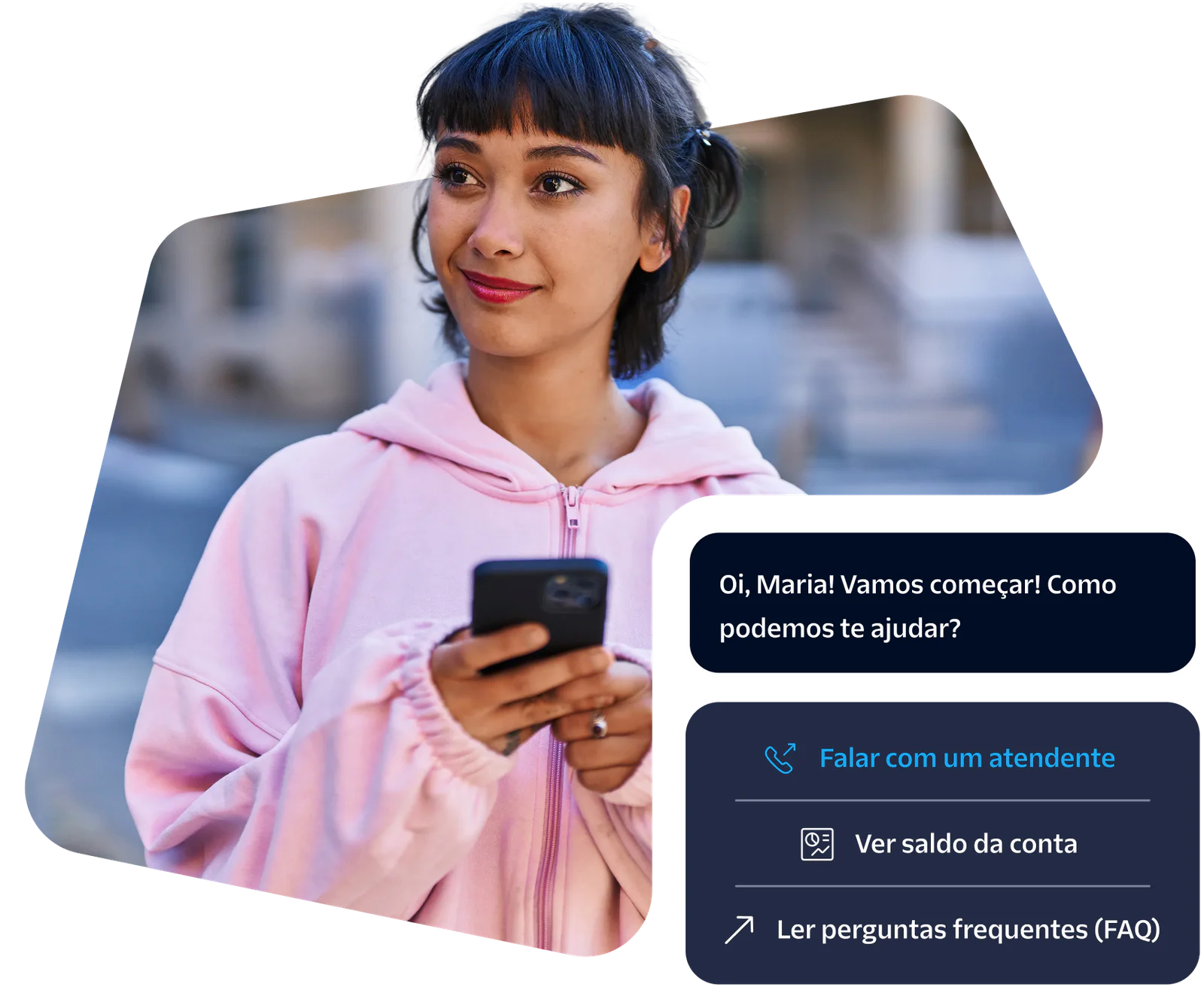 Mulher usando smartphone, ilustrando a integração da sua IA, atendimento humano e canais de voz no WhatsApp através da plataforma Twilio.