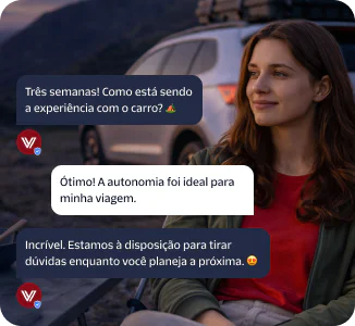 Woman sitting near car with customer service text messages about car's performance.