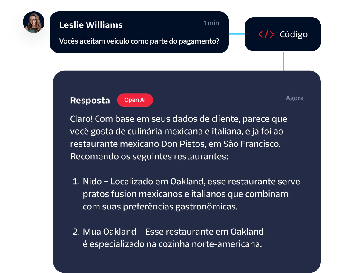 A customer named Leslie Williams asking for restaurant recommendations in a chat.
