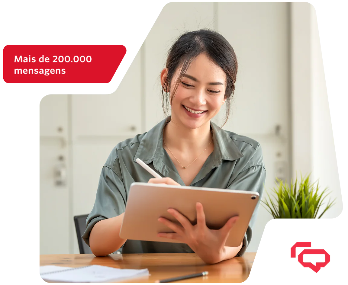 Woman Working on Tablet with Monthly Outbound Messages Statistics SMS pricing made up of message fees and carrier fees