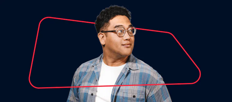Man wearing glasses and a plaid shirt, outlined by a red shape on a dark blue background.