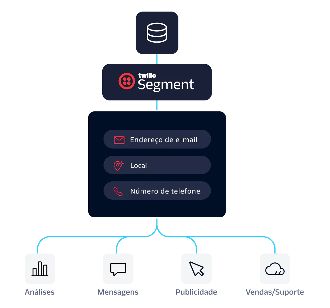 Diagram showing Twilio Segment collecting email, location, and phone data, flowing to analytics, messaging, advertising, and sales/support.