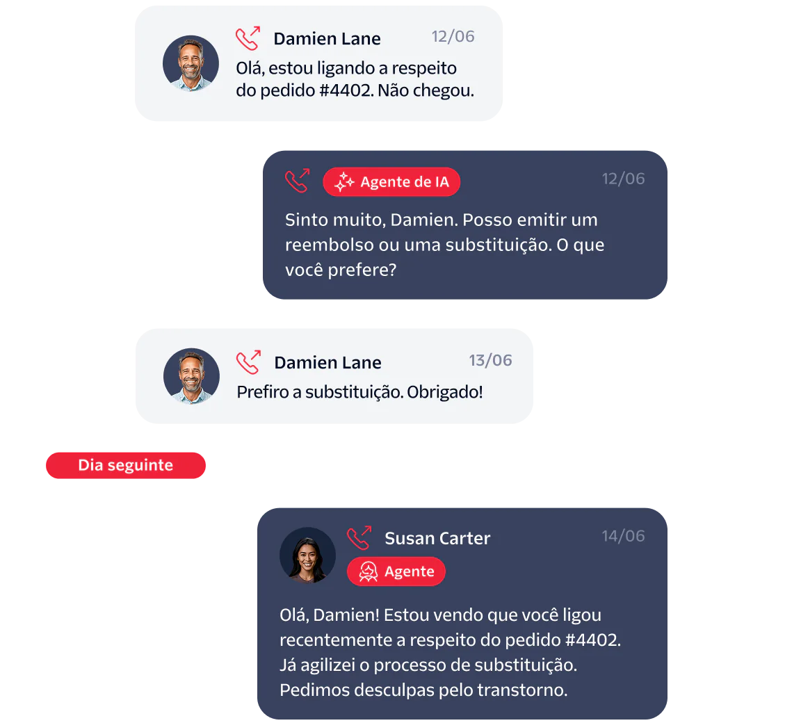 A chat between Damien Lane and AI/real agents about a missing order and replacement request.