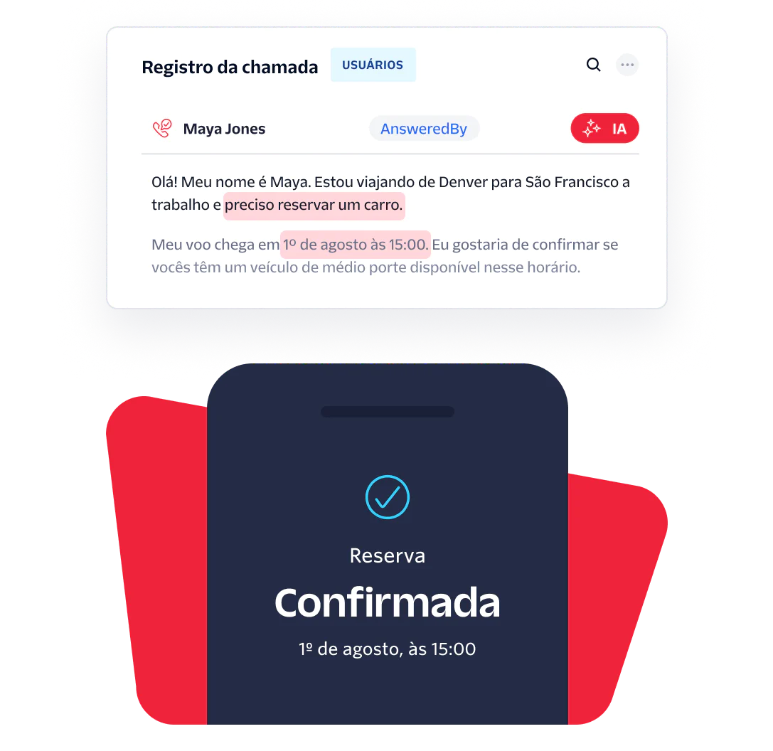 Interface showing a customer request to reserve a car and a confirmed reservation notification.