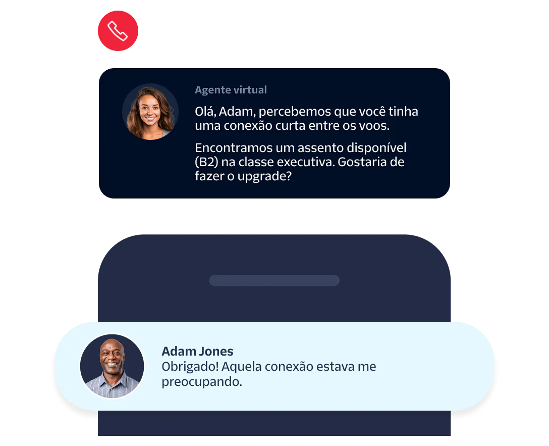 Virtual agent offers business class upgrade to concerned passenger Adam Jones in a chat interface.