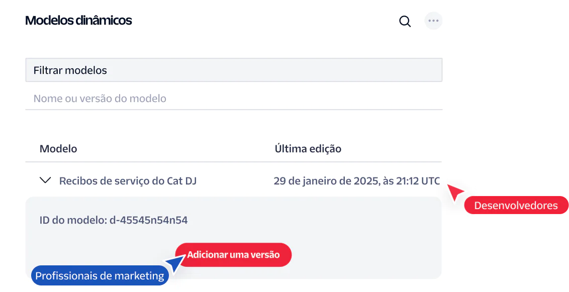 Screenshot of a dynamic templates interface showing a service receipt template with options for marketers and developers.
