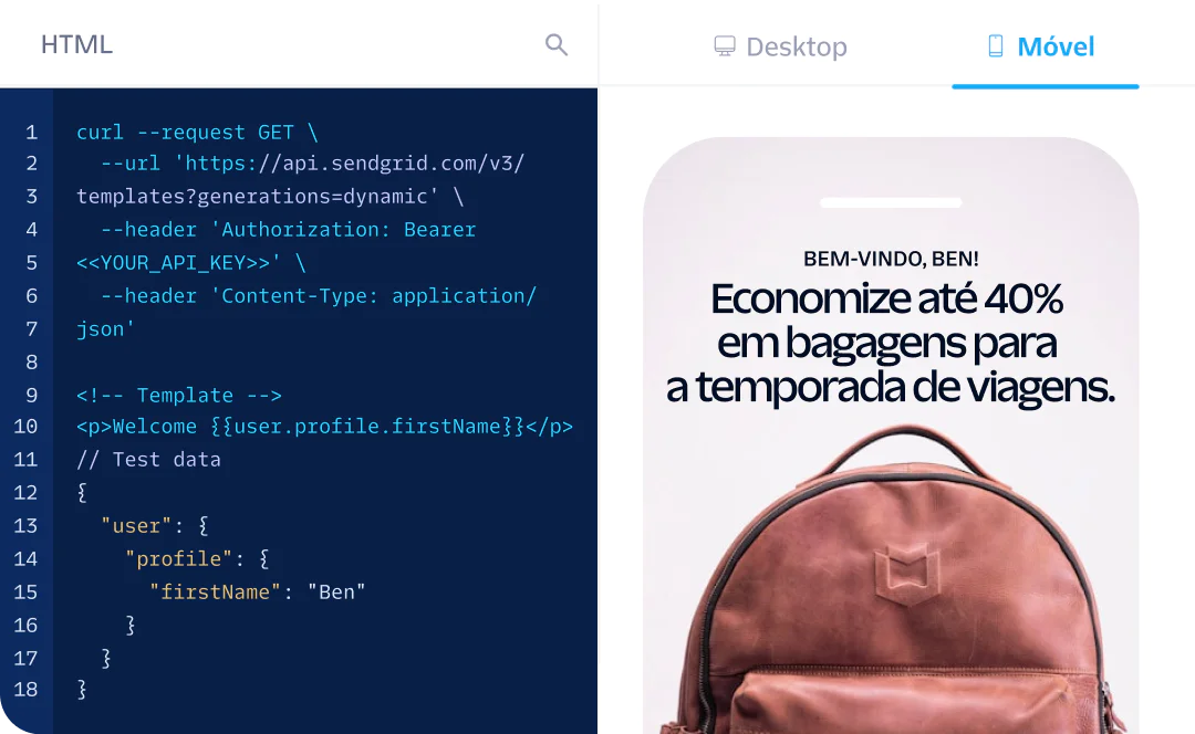 Code preview on the left and mobile app screen showing a welcome message and travel bags offer on the right.