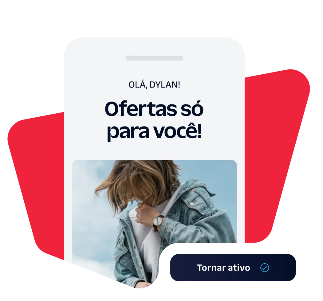 Personalized Offer Notification on Mobile Phone Smartphone screen displaying a personalized offer message with a person in a denim jacket.