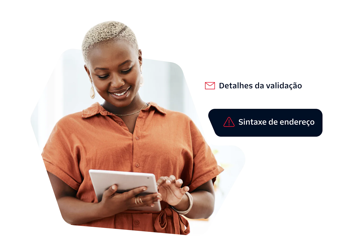 Woman in orange shirt smiles while using a tablet, validation details and address syntax shown.
