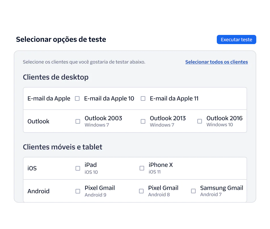 Interface for selecting desktop and mobile clients for testing software, including Apple Mail, Outlook, iOS, and Android.